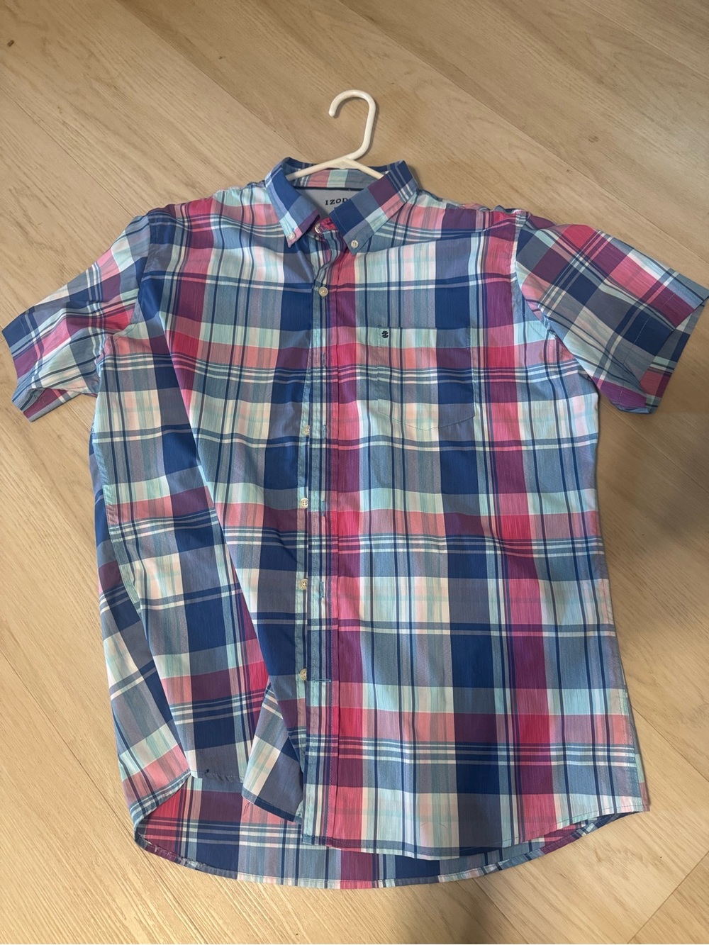 IZOD Men’s Short-Sleeve Plaid Button-Down Shirt - Blue & Pink